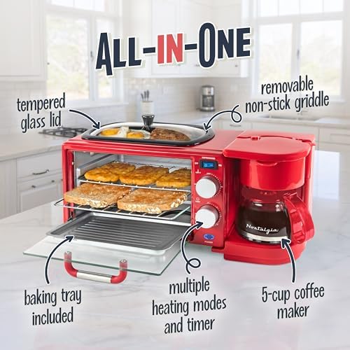 Nostalgia 3-in-1 Retro Breakfast Station - Includes 5 (4 Oz) Cup Coffee Maker, Non-Stick Ceramic Griddle, and 4-Slice Toaster Oven - Built-In Timer, Reusable Coffee Filter, Space-Saving Design - Red