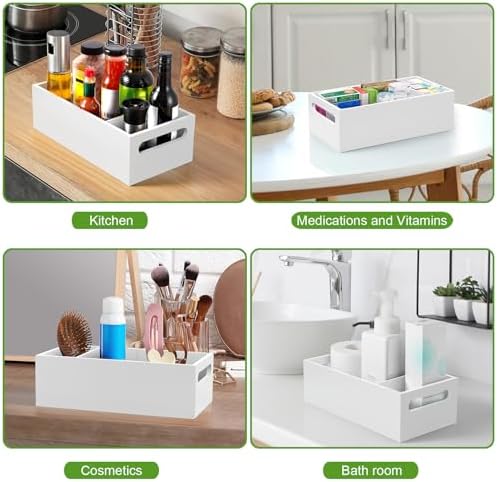 DRASTAR Pantry Organization and Storage Bins, Seasoning Packet Organizer with Removable Dividers,Wooden Storage Caddy for Kitchen, Pantry, Cabinet, Countertop, White