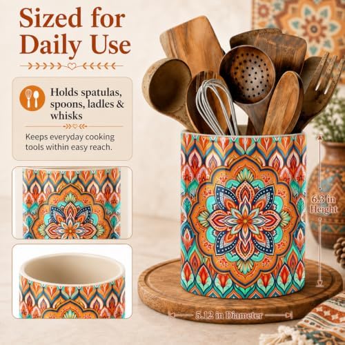 Orange Bohemian Kitchen Utensil Holder, Boho Style Ceramic Utensil Holder For Countertop Organizer, 6.3'' Winter Cooking Utensil Crocks Festivel Decor Utensil Storage Cup for Spatulas, Spoons