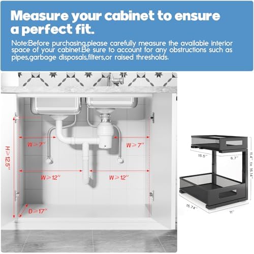 1 Pack-11.4"-16.14"H Under Sink Storage Organizer, Large 2-Tier Elegant Mesh Pull Out Shelf for Kitchen and Bathroom Cabinet Organization, L-Shaped and Adjustable Height Design for Maximum Space-Black
