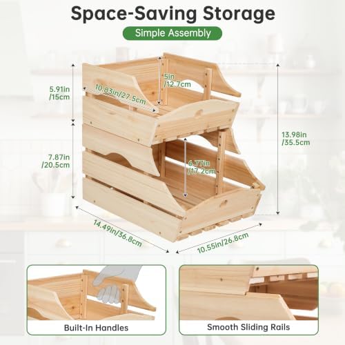 Stackable Wooden Storage Bins, Kitchen Counter Organizer with Handles, Produce Basket for Fruits, Vegetables, Potatoes, Onions, Snacks and Pantry Organization - 2 Piece