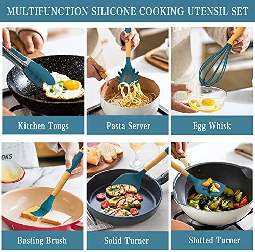33 PCS Silicone Kitchen Utensils Set, Umite Chef Heat Resistant Cooking Utensils Set With Holder, Wooden Handle Kitchen Gadgets Tools Spatula for Nonstick Cookware