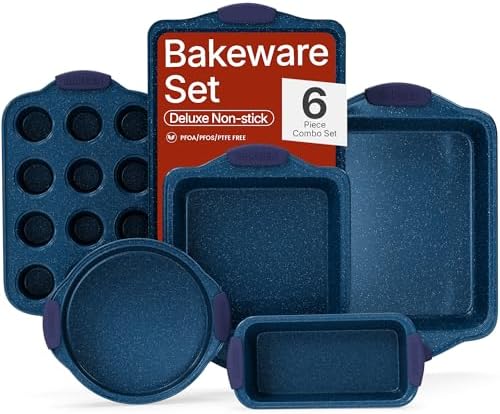 BAKKEN Kitchen Baking Pan Set - Nonstick Coating, Carbon Steel Bakeware Sets with Blue Silicone Handles, Baking Kitchen Essentials, PFOA, PFOS, PTFE Free, Oven Safe Tray (Up To 450° F), Set of 6