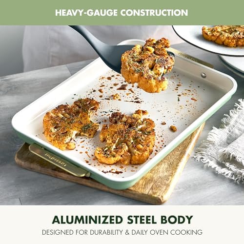 GreenPan Bakeware 13" x 9" Quarter Sheet Pan, Ceramic Nonstick Baking Pan, PFAS & BPA Free, Gold Handles, Durable Steel, Versatile & Space Saving Ovenware, Freezer to Oven Dish, Sage Green
