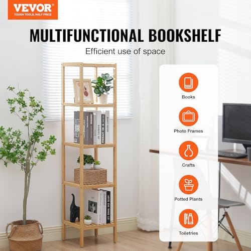 VEVOR 5-Tier Bathroom Standing Shelf, Narrow Shelving Unit, Display Storage Rack Organizer, Freestanding Flower Plant Stand, Multifunctional Bamboo Shelf Ideal for Bathroom, Kitchen, Home, Natural