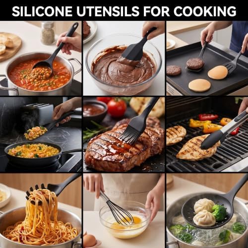 Silicone Cooking Utensils Set - 600°F Heat Resistant, Nonstick Kitchen Utensil Set with Spatulas, Spoons, Whisk, Tongs, BPA Free, Dishwasher Safe, Black