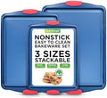 NutriChef Nonstick 3-Piece Baking Pans Set – Carbon Steel Bakeware with Blue Coating Inside & Outside and Red Silicone Handles, Durable and Reliable, Effortless Baking and Easy Cleanup (Blue)