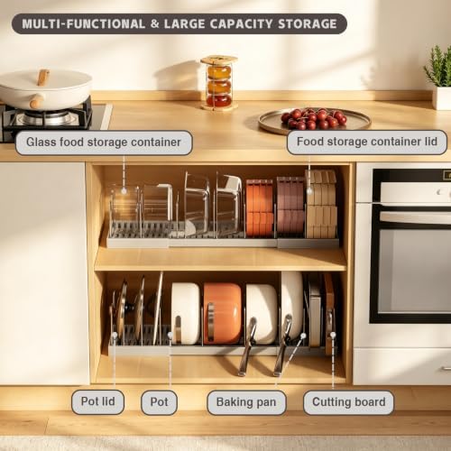 Magheo Pots and Pans Organizer Under Cabinet, Expandable 12.6"-22.8" Kitchen Cabinet Organizer Holder with 10 Adjustable Dividers for Food Storage Container Lid, Cookie Sheet, Cookware(1 Pack, Gray)