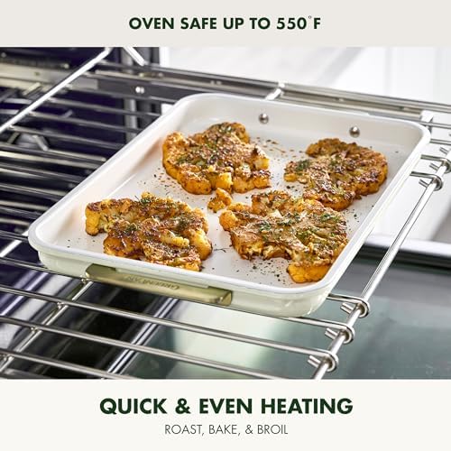 GreenPan Bakeware 13" x 9" Quarter Sheet Pan, Ceramic Nonstick Baking Pan, PFAS & BPA Free, Gold Handles, Durable Steel, Versatile & Space Saving Ovenware, Freezer to Oven Dish, Cream