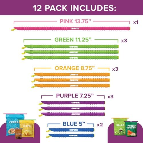 GripStic 12 Pack Assorted Food Bag Sealers Reusable Chip Clips Bag Clips