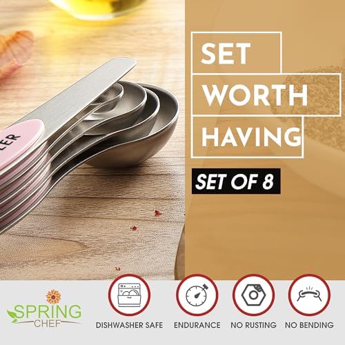 Spring Chef Stainless Steel 8 Magnetic Measuring Spoons Set, Pink Lemonade