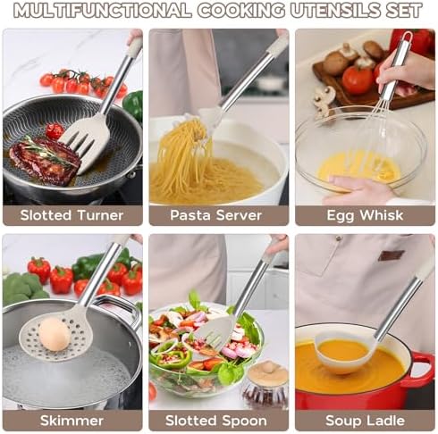 Onader Silicone Kitchen Utensils Set of 10, Cooking Utensils with Holder and Heat Resistant Stainless Steel Handle for Nonstick Cookware - Khaki