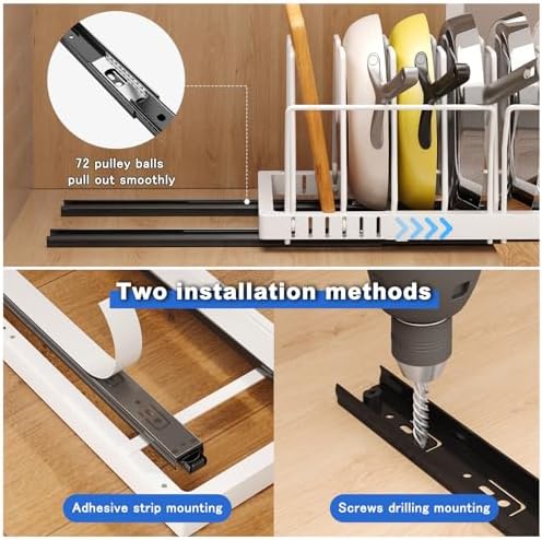 Mustorn 2 Pack Pots and Pans Organizer Under Cabinet, 21.6" Deep Pull Out Pot Lid Organizer Holder with Guardrail Adhesive Pot and Pan Holder Rack with 10 Adjustable Dividers(White)