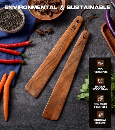 12" Teak Wooden Spatula for Cooking, 2Pcs Wood Turner Scraper for Cast Iron