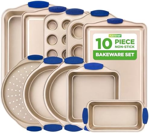 NutriChef Kitchen Oven Baking Pans - Deluxe Nonstick Gold Coating Inside & Outside Carbon Steel Bakeware Set With Blue Silicone Handles, Durable & Reliable Cookie Sheet Oven Pan Style