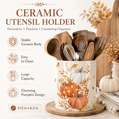 Fall Pumpkin Utensil Holder, Orange Autumn Decor Large Ceramic Utensil Holder For Kitchen Organizer, Farm 6.3'' Cooking Utensil Crocks Rustic Decor Utensil Storage Cup for Countertop