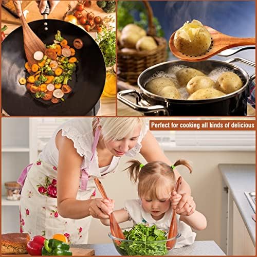 Mooues Wooden Kitchen Utensil Set, 15 Piece Natural Teak with Spoon Rest