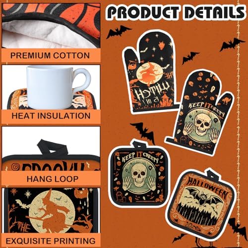 SiliFine 12 Pcs Halloween Kitchen Towels Oven Mitts Pot Holders Set