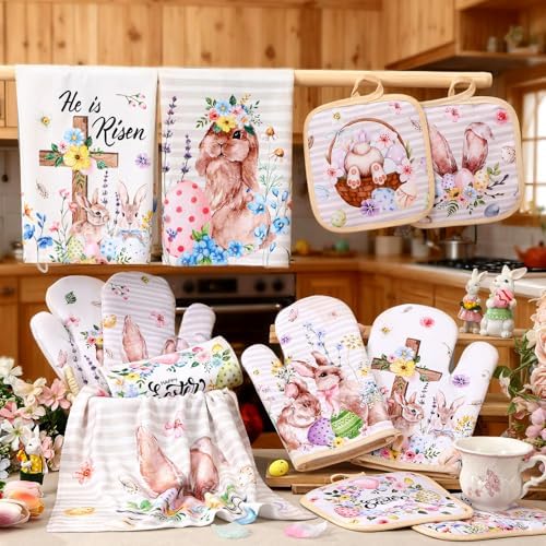 SiliFine 12 Pcs Easter Kitchen Accessories Set Easter Bunny Egg Oven Mitts Pot Holders Kitchen Towels He is Risen Christian Religious Decorations for Home Accessories, Cooking Baking Gifts