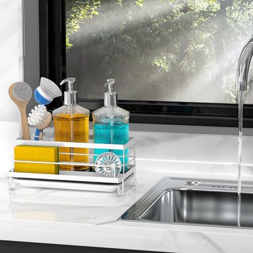 Cisily Sponge Holder for Kitchen, Sink Caddy Organizer, Kitchen Sink Accessories with Drip Tray, Rustproof and Non-slip Kitchen Sink Sponge Holder (White)