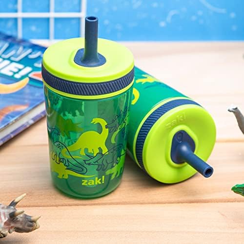 Zak Designs Dino Camo Kelso Tumbler 3pc Set, Leak-Proof Screw-On Lid with Straw, Bundle for Kids Includes Plastic and Stainless Steel Cups with Additional Sipper