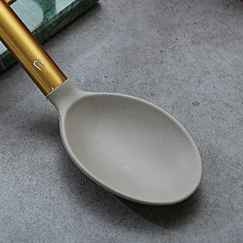 Berglander Non-stick Silicone Solid Serving Spoon, Titanium Gold Plating handle, Basting Spoon, Dishwasher Safe, Easy to Clean