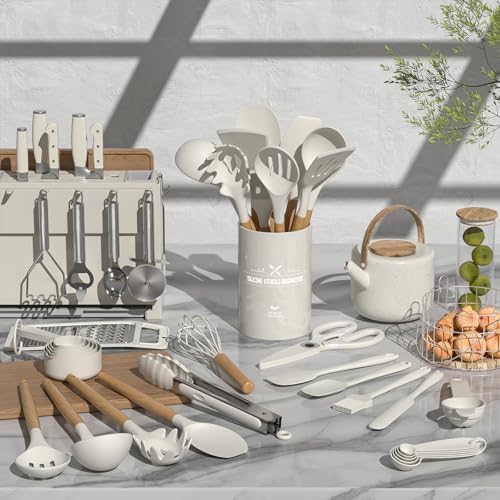 Umite Chef Silicone Kitchen Utensil Set, 34PCS Heat Resistant Kitchen Gadgets and Tools With Grater, Cream White Wood Handles for Nonstick Cookware