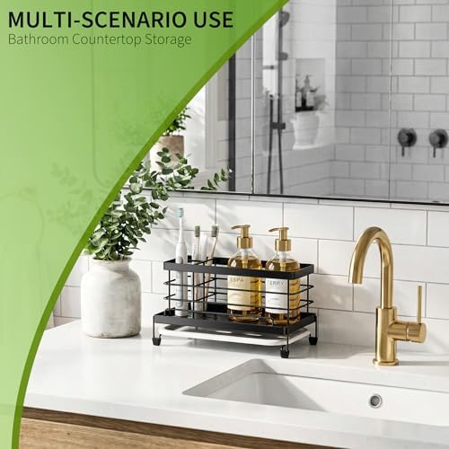 Cisily Sponge Holder for Kitchen, Sink Caddy Organizer, Kitchen Sink Accessories with Drip Tray, Rustproof and Non-slip Kitchen Sink Sponge Holder (Black)