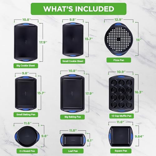 NutriChef 10-Piece Nonstick Bakeware Set - Heavy Duty Carbon Steel Baking Trays w/Silicone Handles - Includes Cookie Sheets, 12-Cup Muffin Pan, Pizza & Loaf Pan, Round & Square Pans - Easy to Clean
