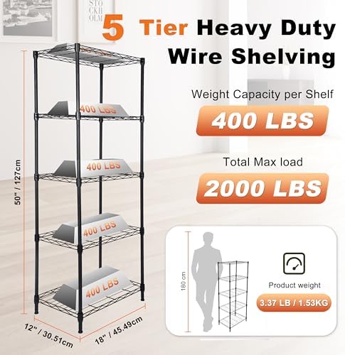 Whitmor 5 Tier Storage Shelves, Heavy Duty Metal Shelving, 200 lbs Capacity per Shelf, 1000 lbs Total, Easy Assembly for Kitchen, Garage, Plant, 18" L x 12" W x 50" H, Black