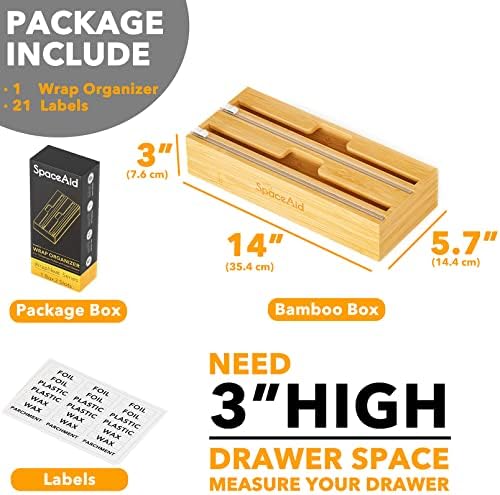 SpaceAid WrapNeat 2 in 1 Wrap Organizer with Cutter and Labels, Plastic Wrap, Aluminum Foil and Wax Bamboo Dispenser for Kitchen Storage Organization Holder for 12" Roll (Natural, 2-Slot)