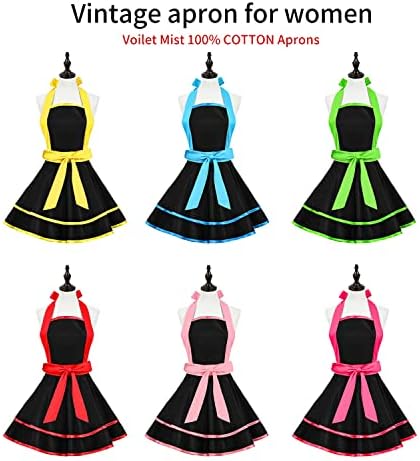 Violet Mist Retro Aprons for Women - Sexy Vintage Black Rose Pink 50s Apron for Halloween, Christmas, Cooking, Kitchen, Housewife, Waitress, Mother's Gift