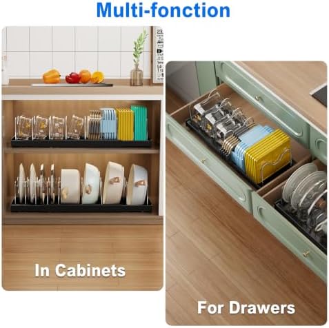 Mustorn Pots and Pans Organizer Under Cabinet, 22" Expandable Food Storage Container Lid Organizers with 9 Adjustable Dividers Pot and Pan Lid Holders Rack Inside Cabinet/Countertop(1 Pack, Black)