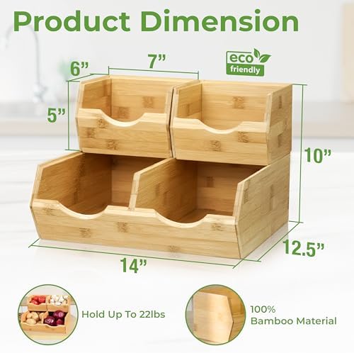 HOMESTEAD Bamboo Pantry Storage Bins – Stackable Potato & Onion Storage Bin for Kitchen Countertop, Pantry Organizer, Fruit Vegetable Basket, Multiuse - Set of 3 Slide-Out Access