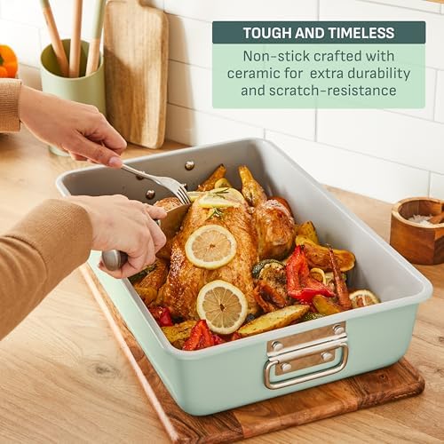 T-fal Refresh Ceramic Nonstick Baking Pans Set (5 Pieces), Roaster, 6-Cup for Muffins, Loaf, Square Baking Sheets Non Stick, Stackable Bakeware Sets, Mint Green