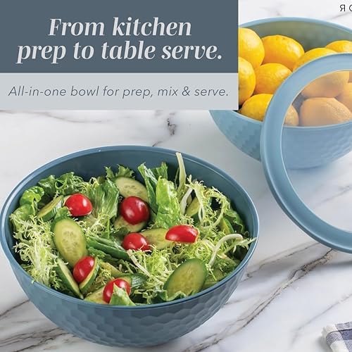 COOK WITH COLOR Mixing Bowls with Lids - 12 Piece Plastic Nesting Bowls Set includes 6 Prep Bowls and 6 Lids, Microwave Safe Mixing Bowl Set, Blue Embossed