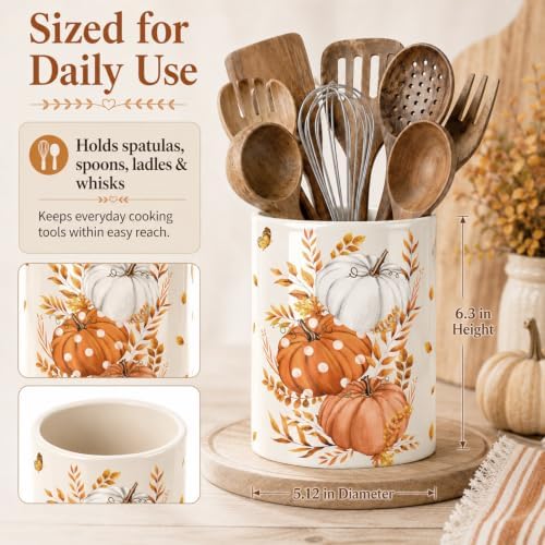 Fall Pumpkin Utensil Holder, Orange Autumn Decor Large Ceramic Utensil Holder For Kitchen Organizer, Farm 6.3'' Cooking Utensil Crocks Rustic Decor Utensil Storage Cup for Countertop