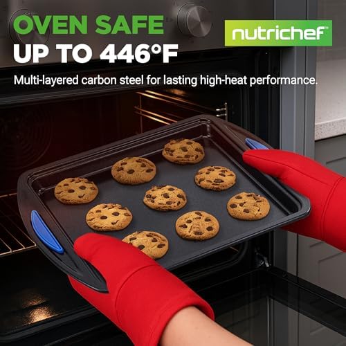 NutriChef 3-Piece Nonstick Cookie Sheets for Baking – Carbon Steel Stackable Bakeware Set w/ Silicone Handles - Non Toxic Baking Pan - Durable & Wrap Resistance, Oven Safe - Easy cleanup