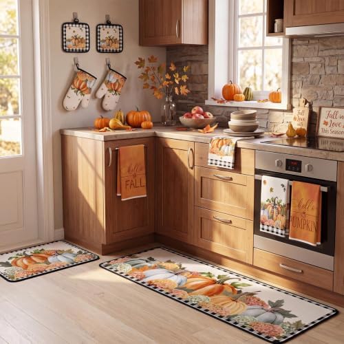 Fanfanwin 10 Pcs Fall Pumpkin Kitchen Decor Set Kitchen Towels Pot Holders Oven Mitts and Rugs Set Thanksgiving Towels for Baking Cooking BBQ Autumn Home(Vintage,Beige, Orange,10)
