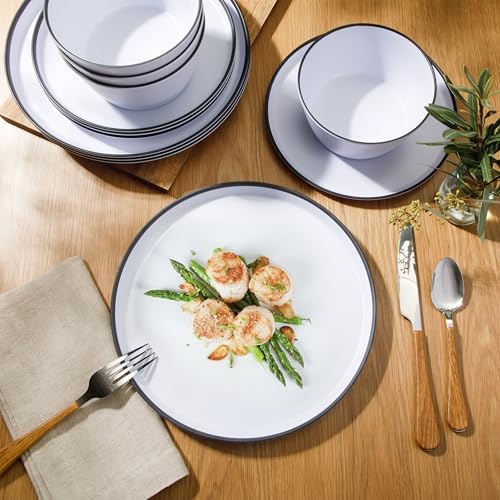 Gibson Home Folsom Shores 12 Piece Unbreakable Modern Melamine Plates and Bowls Dinnerware Set - Outdoor, Camping, & Everyday Use - White W/Black Rim