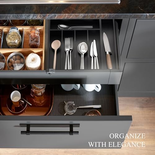 Silverware Organizer, Bamboo Kitchen Drawer Organizer, Utensil Holder, Cutlery Tray & Spoon Flatware Storage with Grooved Drawer Dividers (Black, 12''W x 16.5''D)