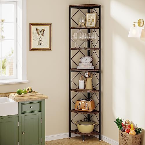 Tribesigns 7-Tier Corner Shelf, 78.7” Extra Tall Corner Bookcase, Industrial Slim Corner Bookshelf for Small Narrow Space, Wood Corner Shelf Stand Storage Rack for Living Room, Home Office
