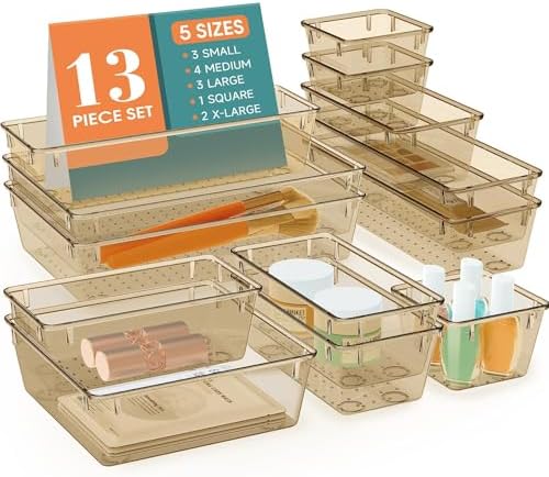 13 PCS Drawer Organizer Set, 5 Size Bathroom and kitchen organizer Trays