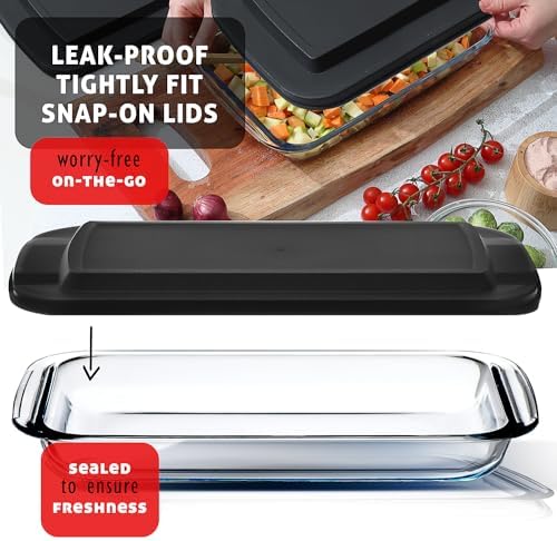 Nestl 8pc Glass Baking Dishes for Oven, Glass Food Storage Containers with Lids, Leakproof Casserole Dishes for Oven with Lid, Cooking, Microwave Oven Freezer Safe Bakeware, 9x13 Lasagna Pan Black