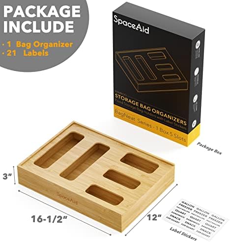 SpaceAid Bag Storage Organizer for Kitchen Drawer, Bamboo Organizer, Compatible with Gallon, Quart, Sandwich and Snack Variety Size Bag (1 Box 5 Slots)