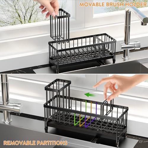 Cisily Sponge Holder for Kitchen Sink, Sink Caddy Organizer with High Brush Holder, Kitchen Countertop Organizers and Storage Essentials, Rustproof 304 Stainless Steel (Large Black, 10.62″)