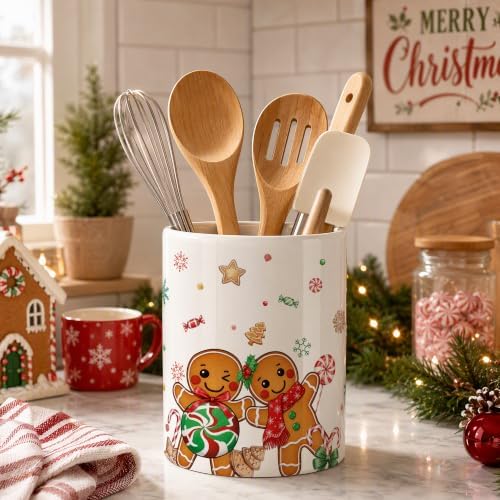 Christmas Gingerbread Man Ceramic Utensil Crock, Farmhouse Xmas Kitchen Utensil Holder, Countertop Storage Organizer, Christmas Decor Caddy for Spatulas, Baking Gadgets & Cooking Tools
