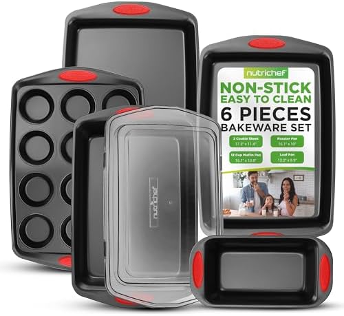 NutriChef 6-Piece Baking Pan Set - PFOA, PFOS, PTFE Free Flexible Nonstick Black Coating Carbon Steel Bakeware - Professional Home Kitchen Bake Cookie Sheet Stackable Tray w/Red Silicone Handles