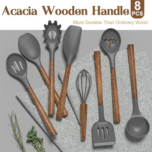 Umite Chef Silicone Cooking Utensil Set, 8-Piece Kitchen Utensils Set with Natural Acacia Wooden Handles,Food-Grade-Silicone Kitchen Gadgets and Spatula Set for Nonstick Cookware - Grey