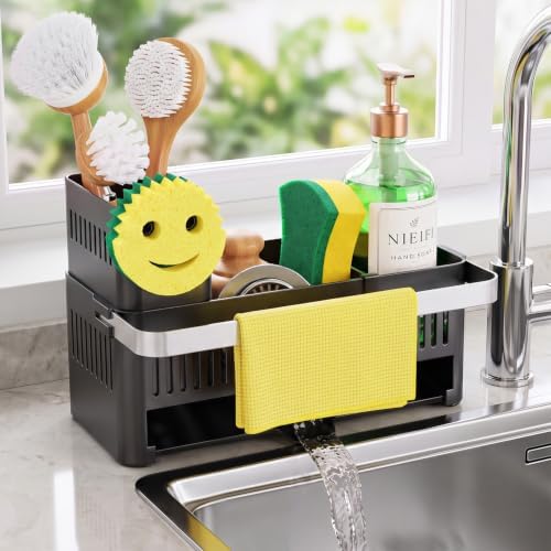 Nieifi Sponge Holder, Black Rustproof ABS Sink Caddy with Towel Rack